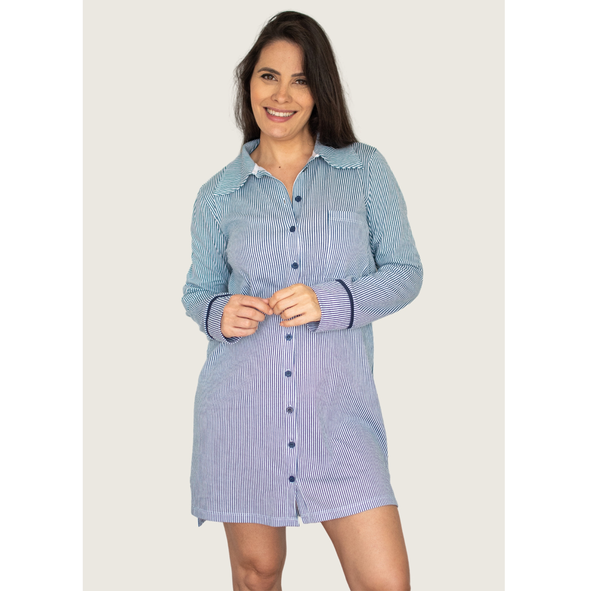 Camisola Chemise Manga Longa Algodão – Marinho Listrado — Tamanho: M