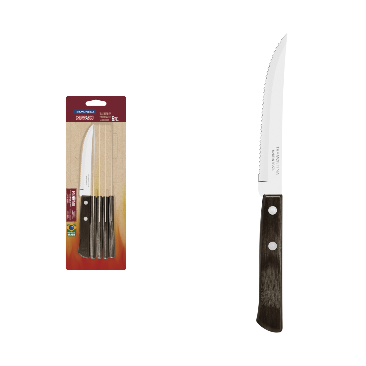Conjunto de Facas para Churrasco Tramontina 5" em Aço Inox com Cabo Polywood 6 Peças — Cor: Castanho