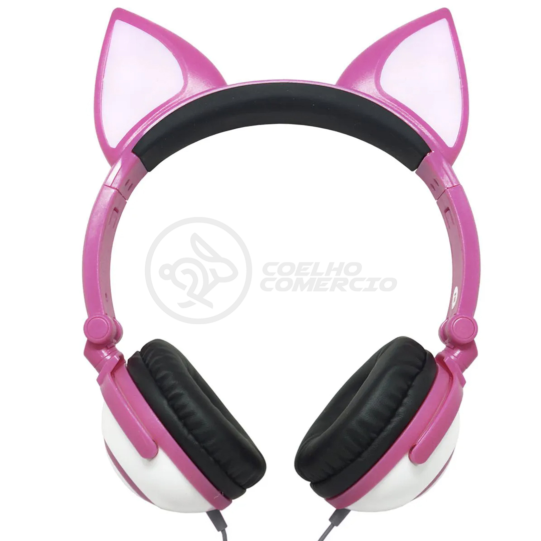 Fone Gatinho LED Dobrável Infantil Rosa c/ Microfone — Cor: Rosa