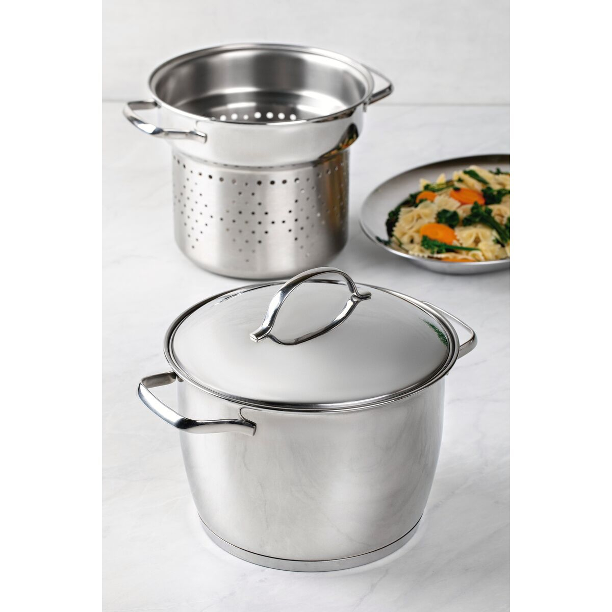 Jogo Cozi-Pasta Tramontina Allegra em Aço Inox com Fundo Triplo 2 Peças