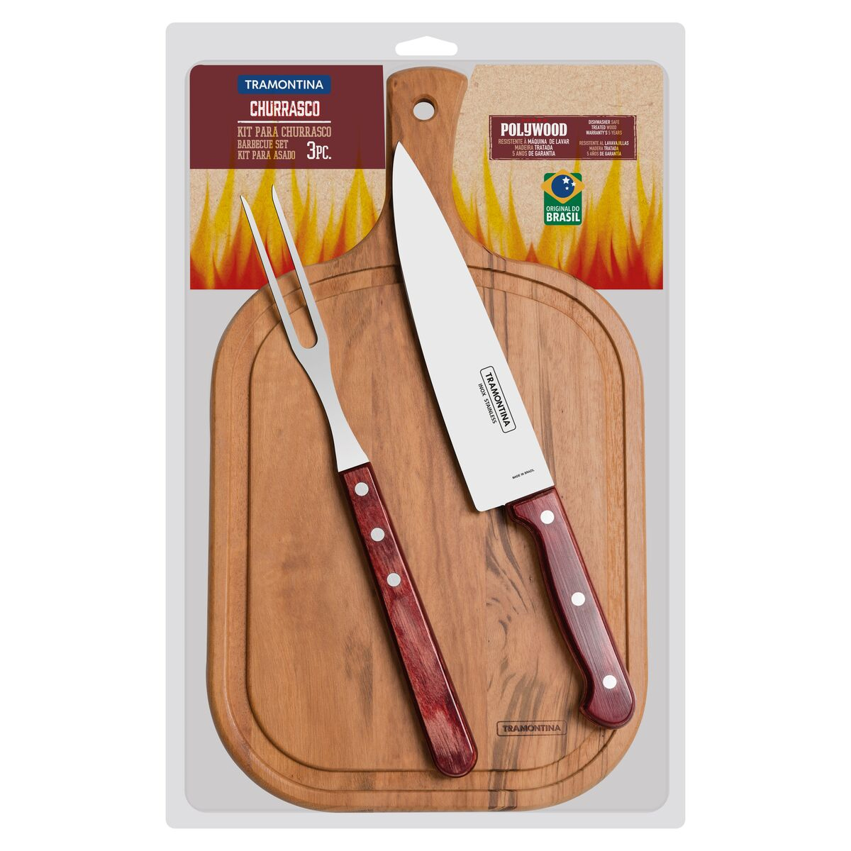 Kit para Churrasco Tramontina em Aço Inox e Cabo Vermelho Polywood com Tábua de Madeira 3 Peças