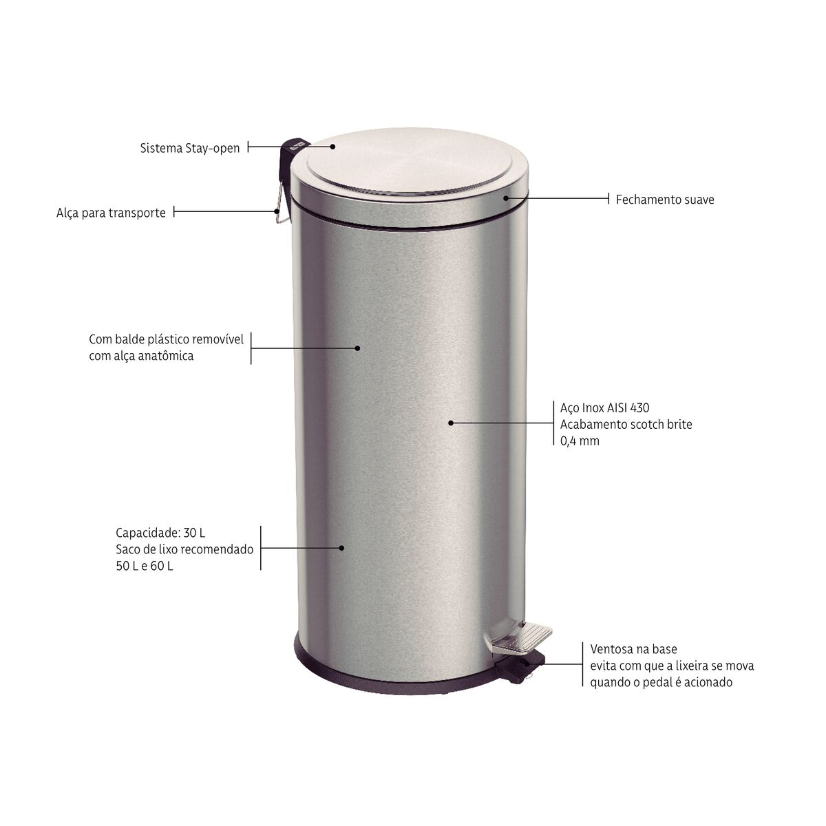 Lixeira com Pedal Tramontina Brasil Plus em Aço Inox 30 L