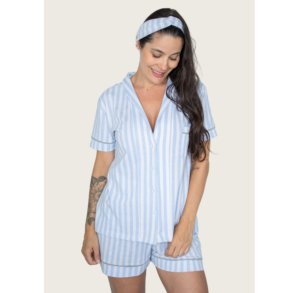 Pijama Americano Manga Curta Algodão – Azul listrado — Tamanho: G