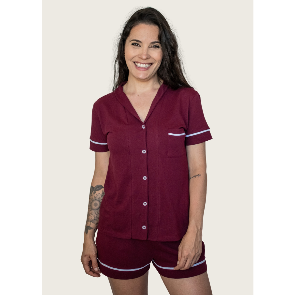 Pijama Americano Manga Curta Algodão – Bordô — Tamanho: XXG