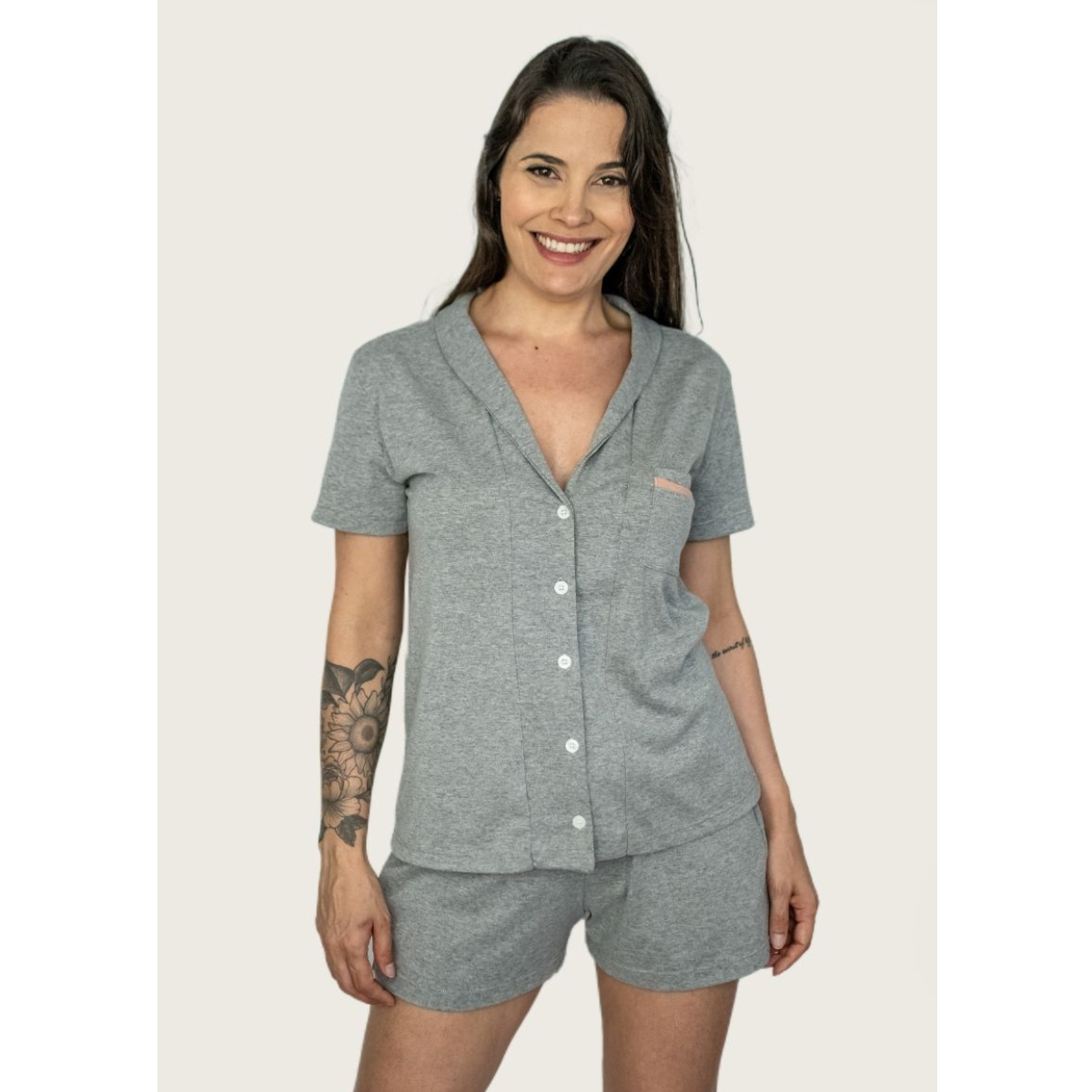 Pijama Americano Manga Curta Algodão – Mescla — Tamanho: GG