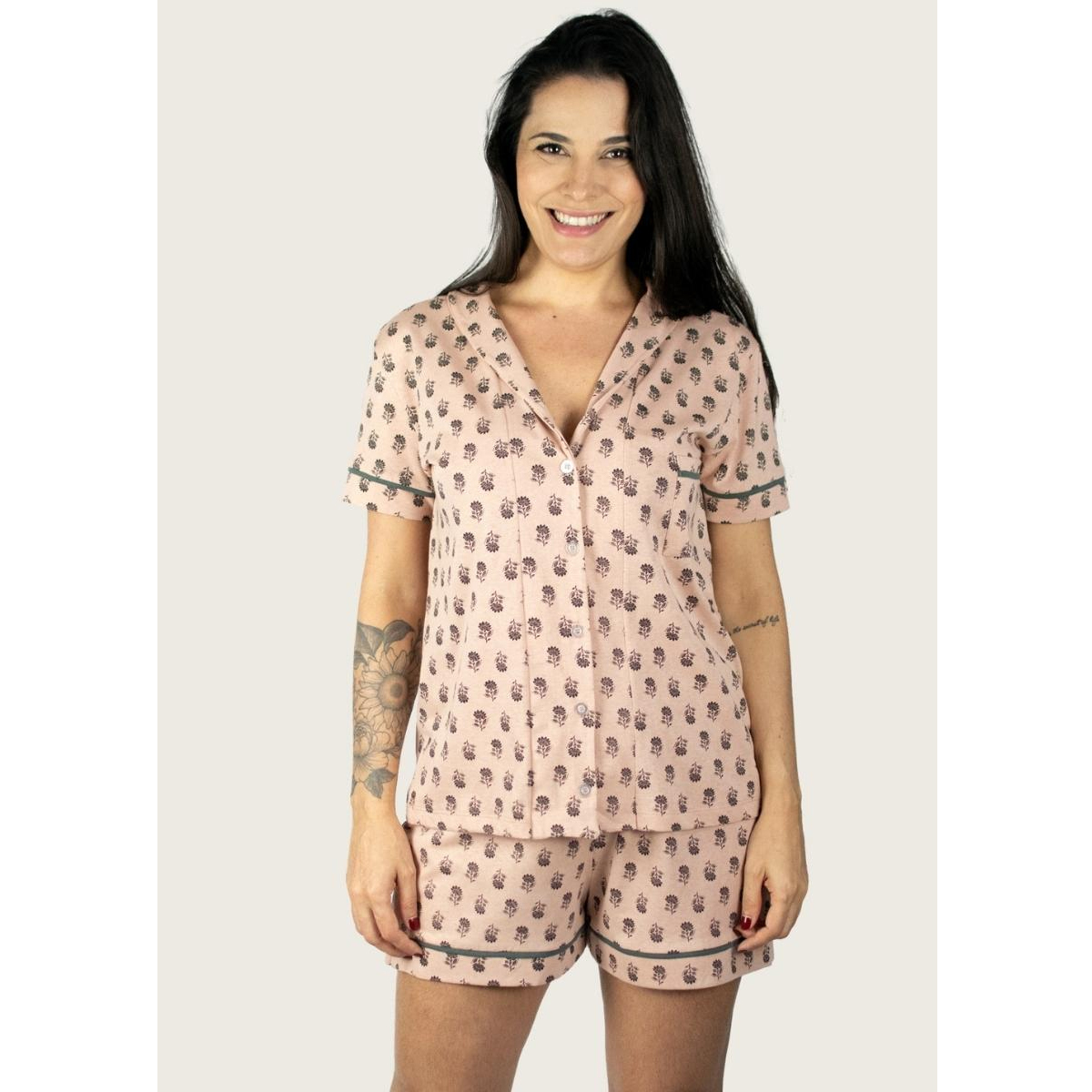 Pijama Americano Manga Curta Algodão – Rose Floral — Tamanho: P