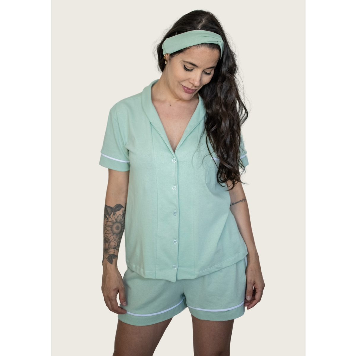 Pijama Americano Manga Curta Algodão – Verde Chá — Tamanho: XXG