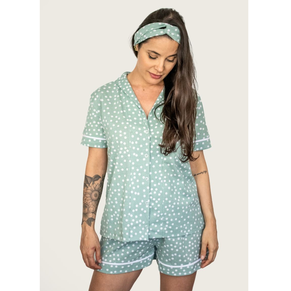 Pijama Americano Manga Curta Algodão – Verde Poá — Tamanho: GG