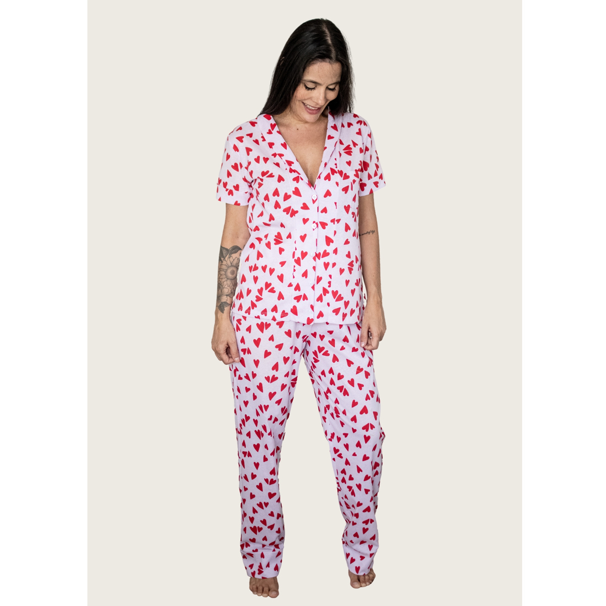 Pijama Americano Manga Curta com Calca Algodão – Coração Vermelho — Tamanho: XXG
